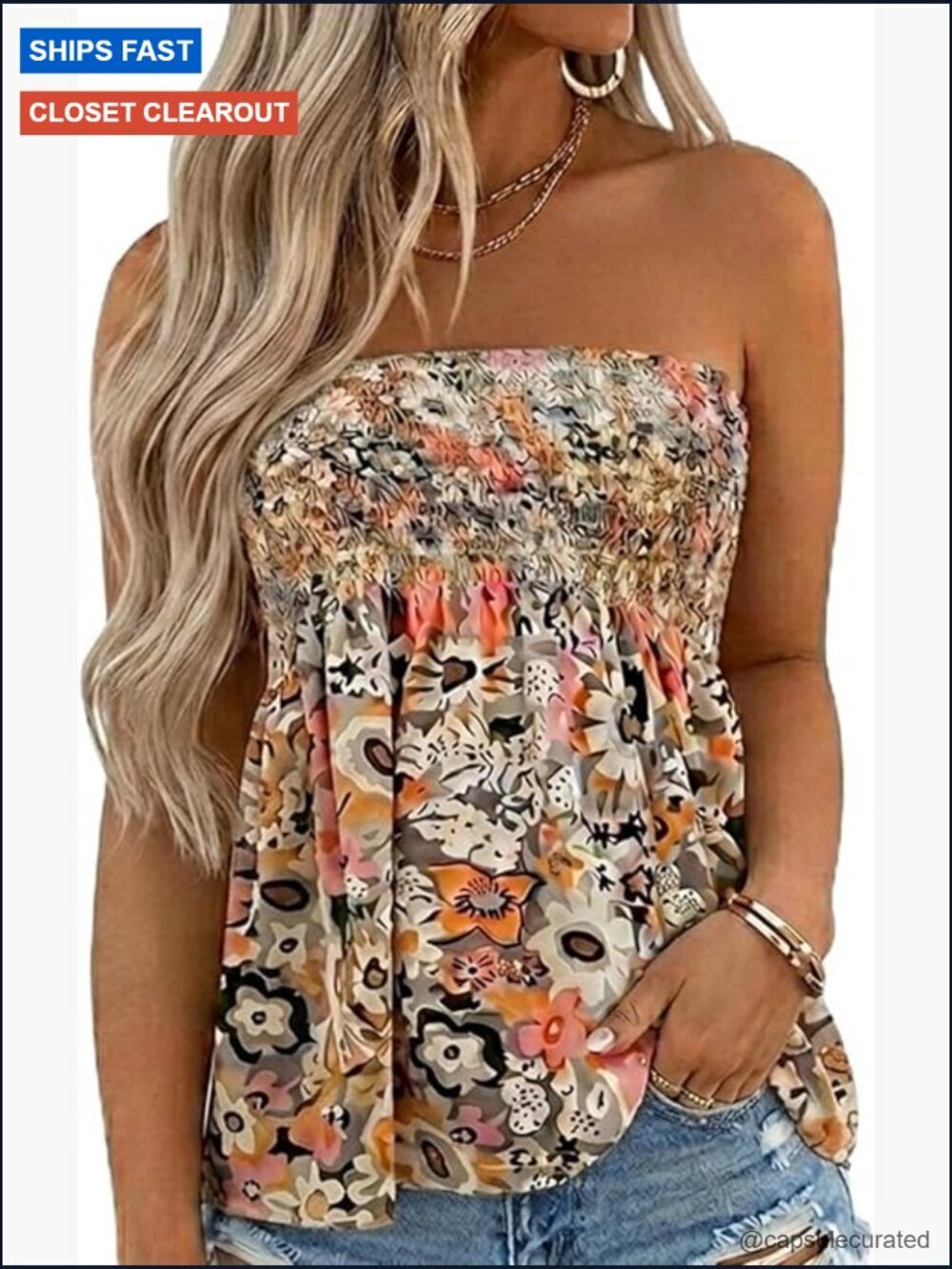 Smocked Strapless Bandeau Tank Top Floral Tube Top Backless Tunic Sleeveless